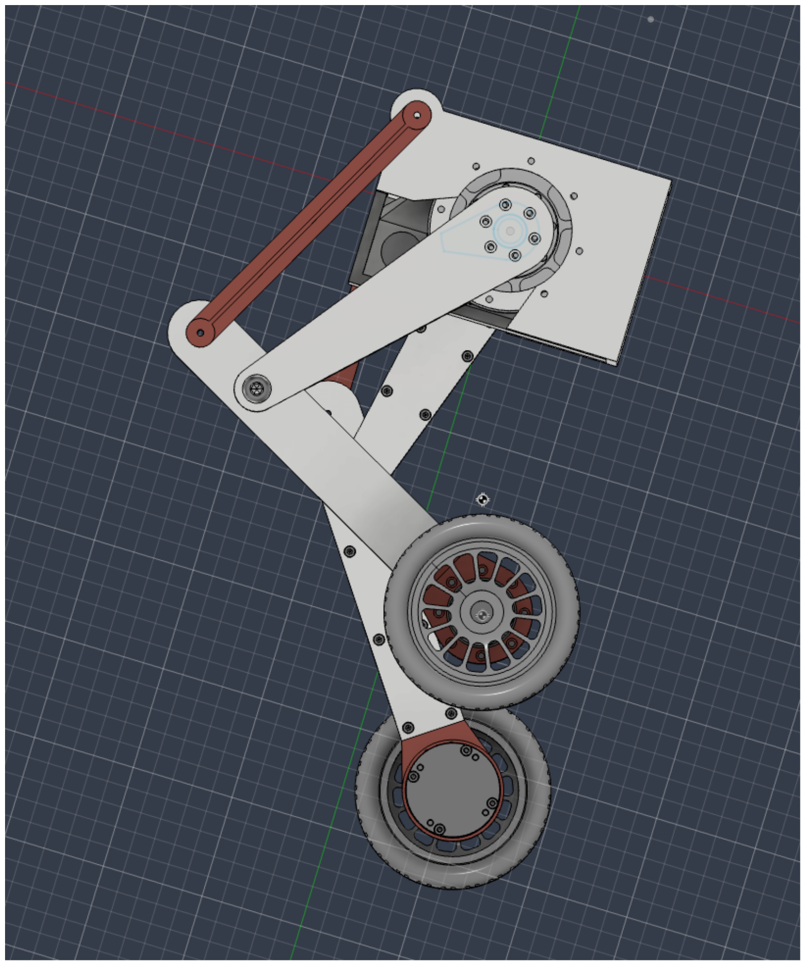 CAD view of the balancing robot’s wheel and linkage assembly