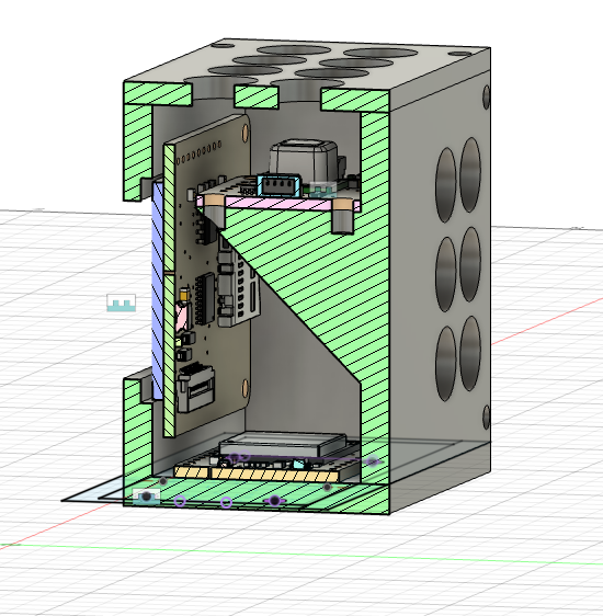 CAD section view of the CO2 meter enclosure and internal components